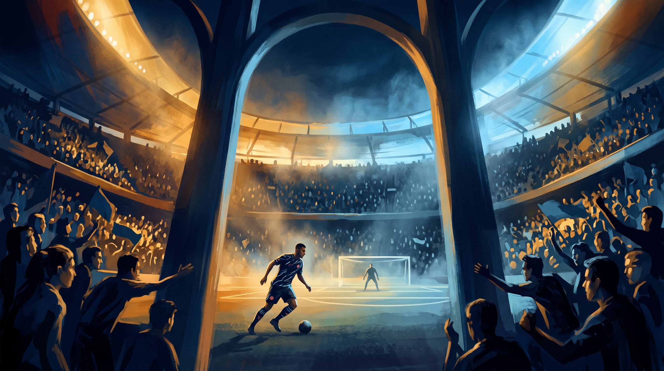 Illustrated painterly scene: a young player stepping out of the tunnel into a full first-team stadium at night, floodlights, awe-struck scale, the stadium dwarfing the small figure