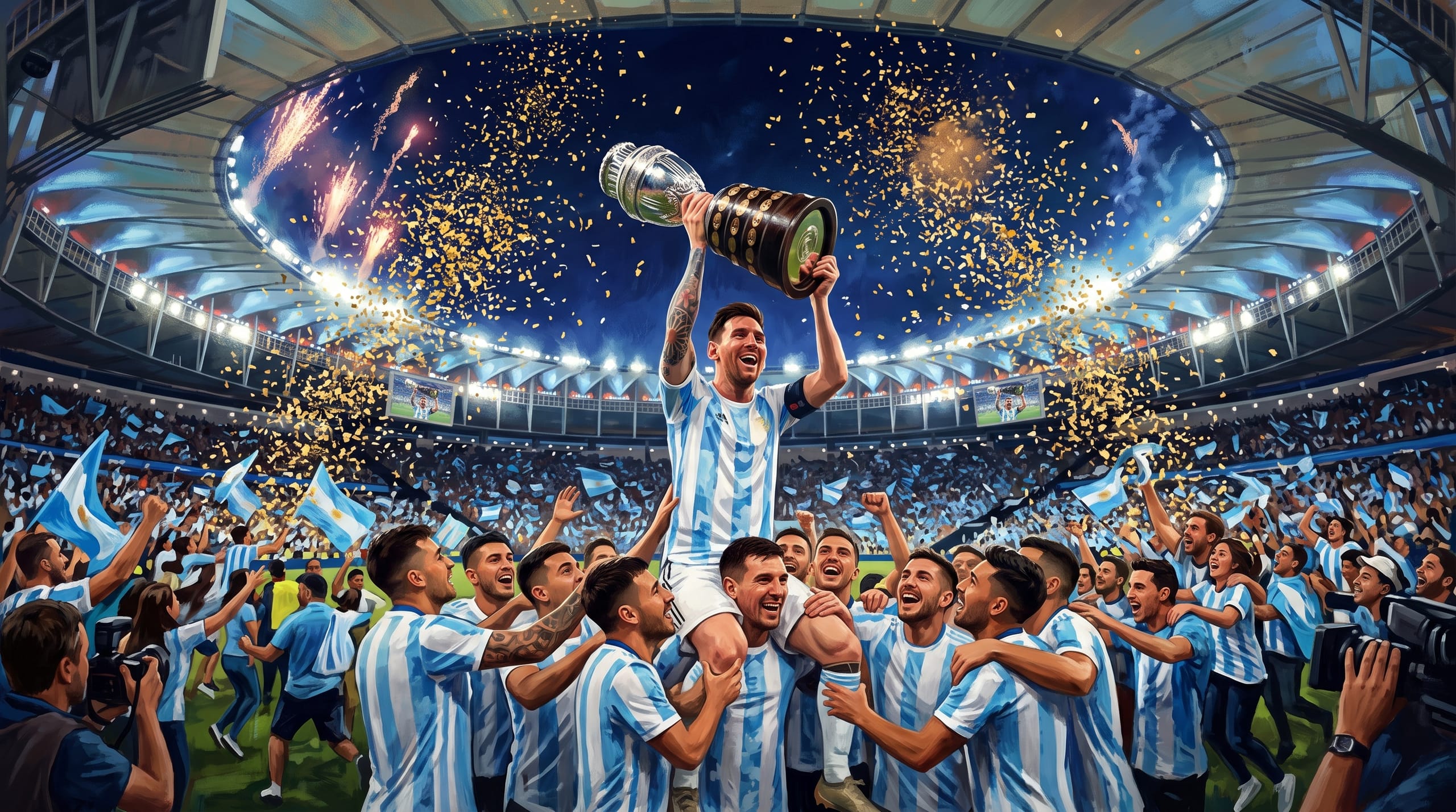 Illustrated open-air stadium erupting in sky-blue and white, a national team celebration, gold confetti storm against blue night sky, kinetic joyous energy