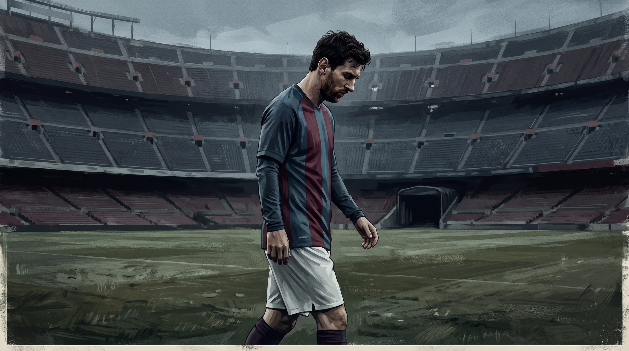 Illustrated somber empty stadium under cold grey light, a lone figure with head down walking off a pitch, muted desaturated palette, quiet heaviness