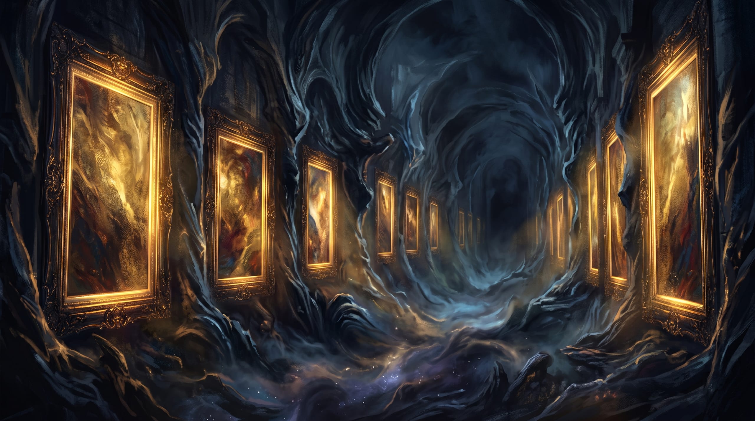 Illustrated dark open space lined with large illuminated frames catching gold light