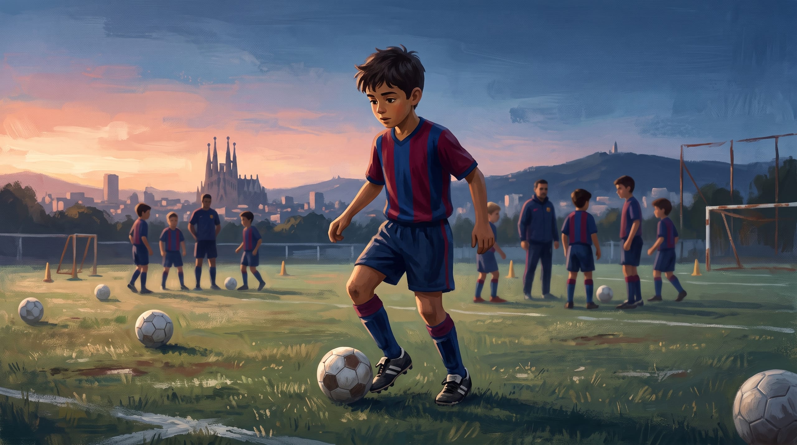 Illustrated, painterly wide shot of an open academy training ground at dawn, the amber light of home cooling into the first hint of Barcelona blue across the sky, symmetrical composition, epic and tender scale, no figure in this layer