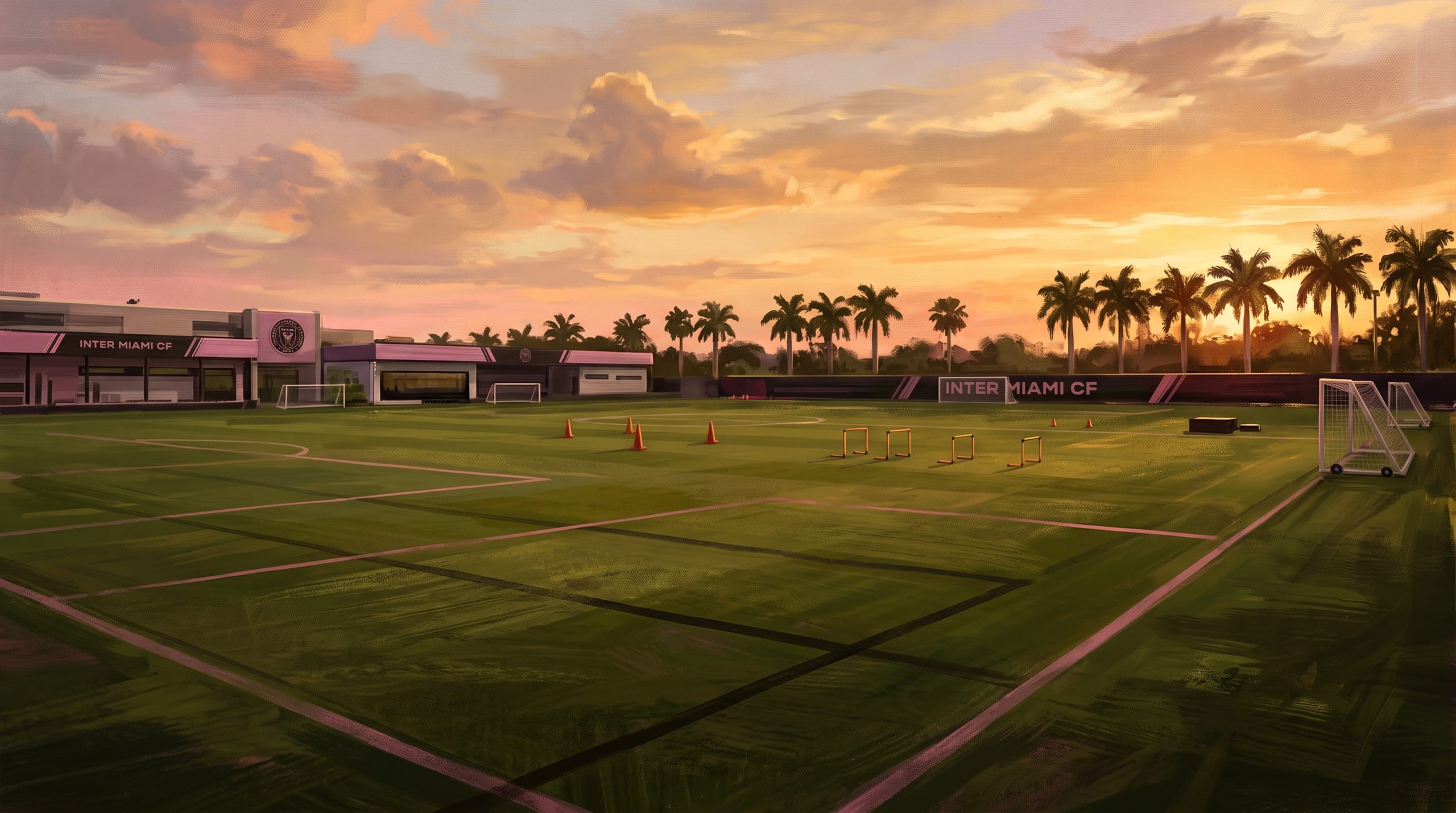 Illustrated painterly open training pitch at golden hour with a faint rose-pink cast in the light, relaxed and warm mood, empty pitch background layer