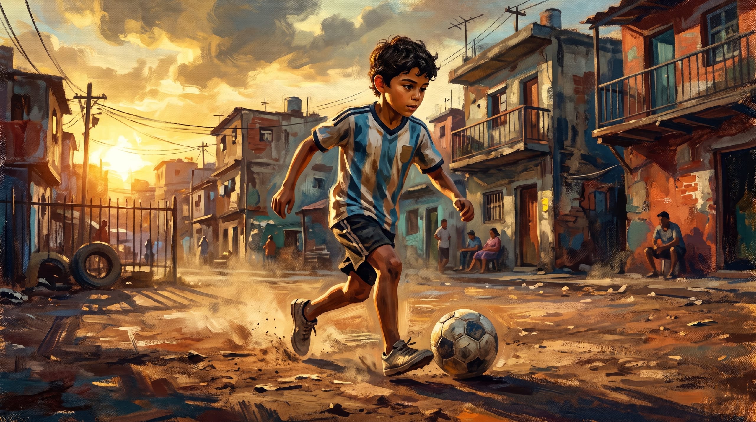 Illustrated, painterly street in Rosario at golden dusk, a small local football field, warm family porch light, soft brushwork style, intimate and slow mood, wide empty background