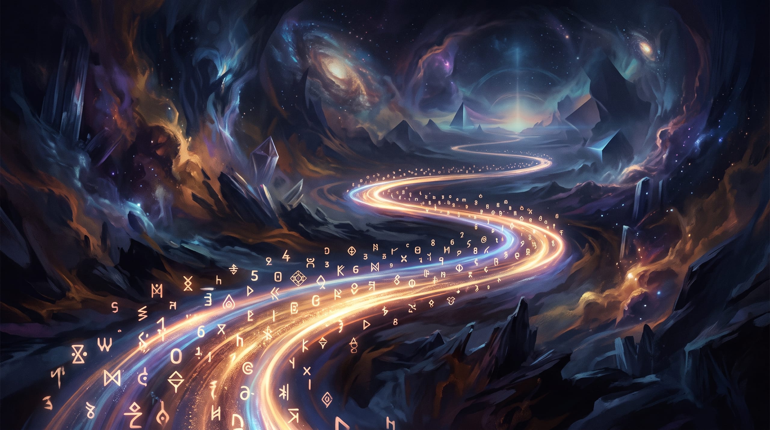 Illustrated long glowing ribbon of light running into the distance, numeric markers drifting along its length