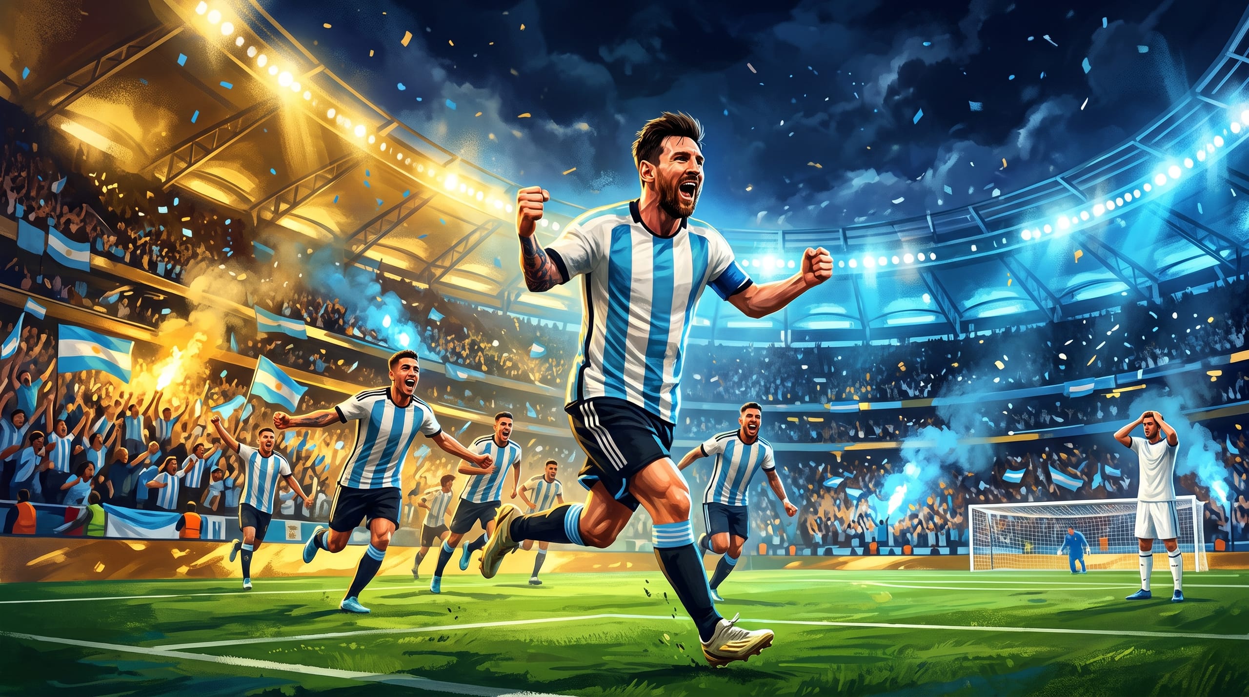 Illustrated tense night stadium under gold and sky-blue light, a stadium full of anticipation, unresolved energy, forward-looking mood, no scoreboard result shown