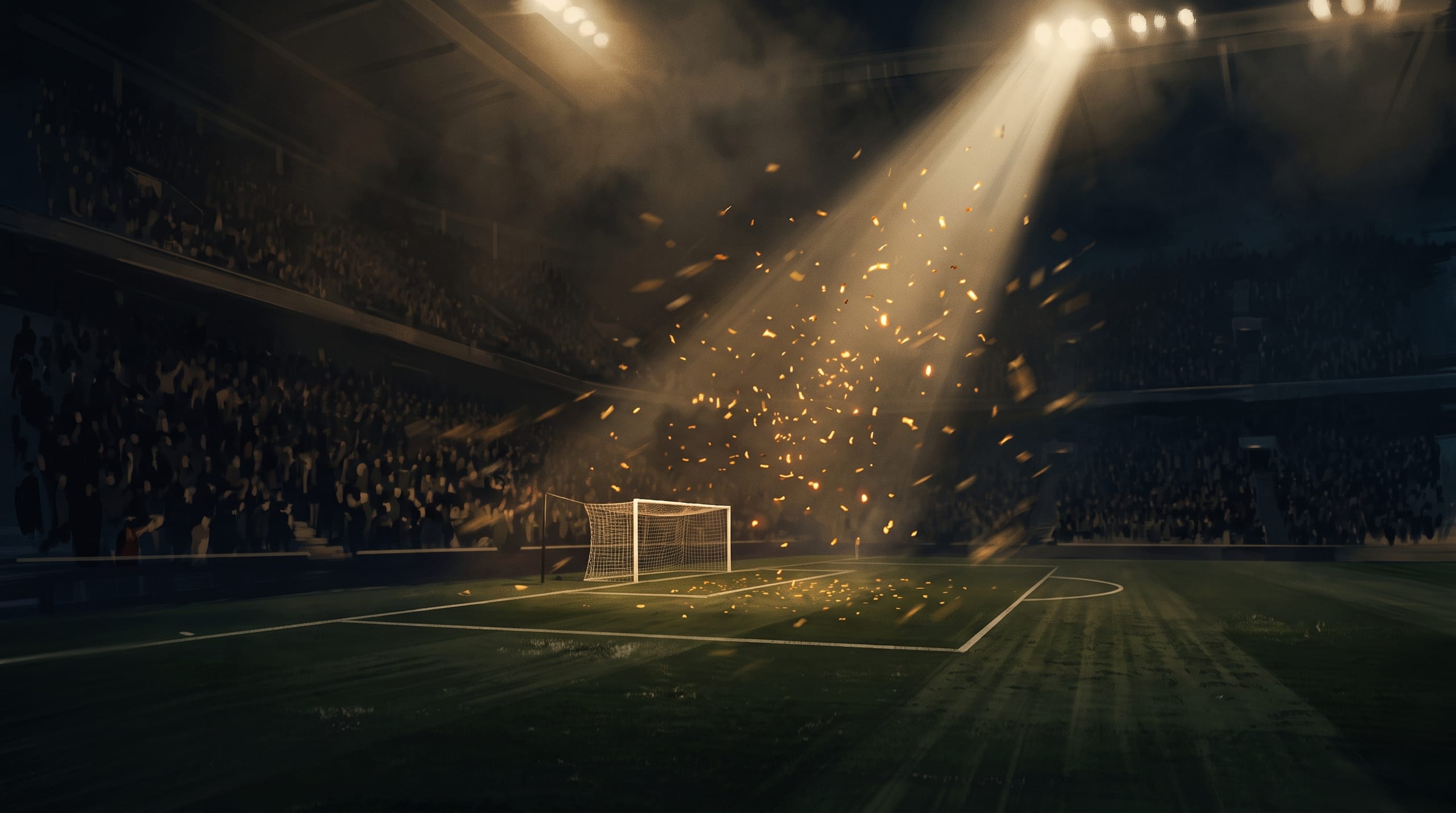 Stadium spotlight beam stretching forward, confetti thinning into drifting embers, motion blur carrying into the next scene