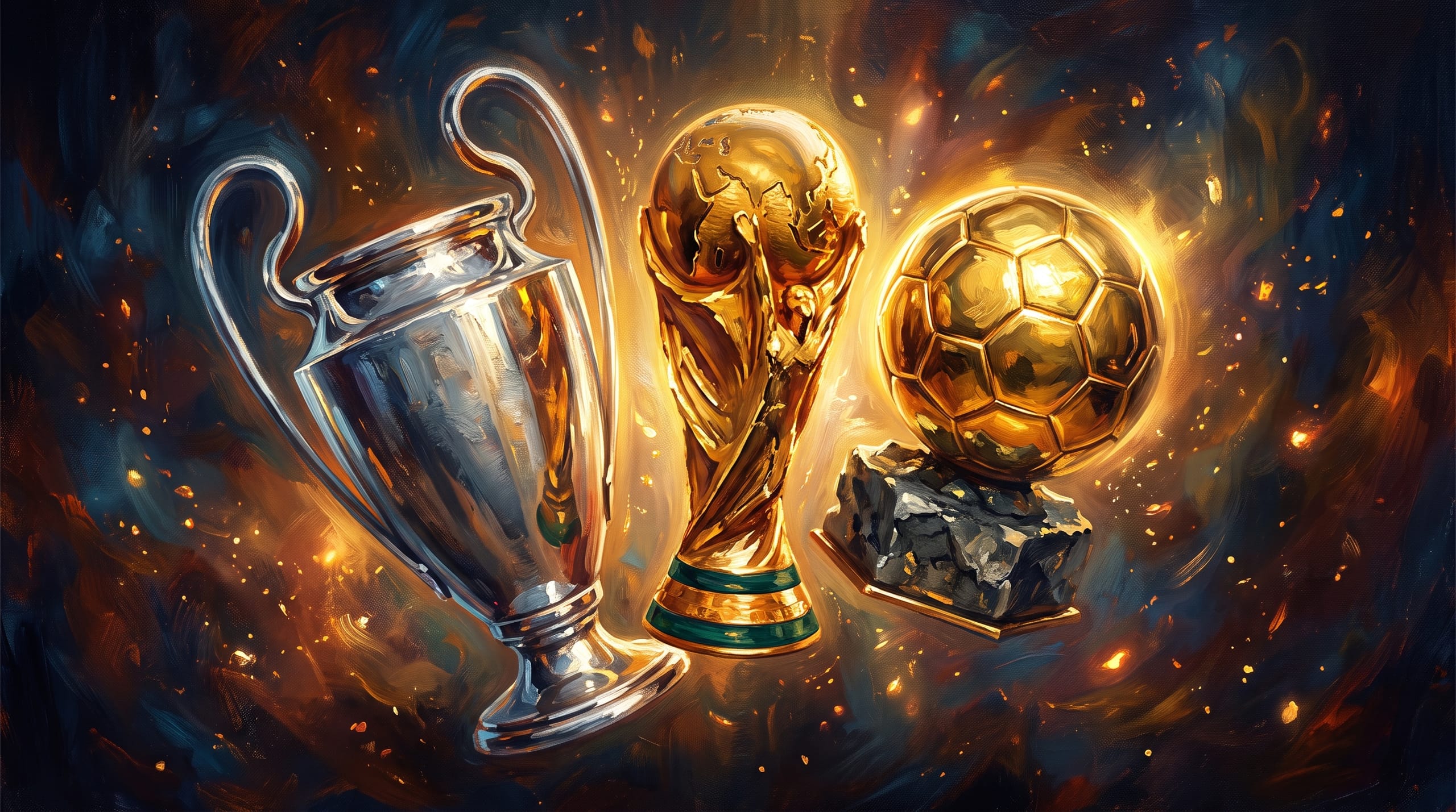 Illustrated painterly cluster of trophies suspended in gold light, rim-lit silhouettes, no cases or glass — just light and reflection