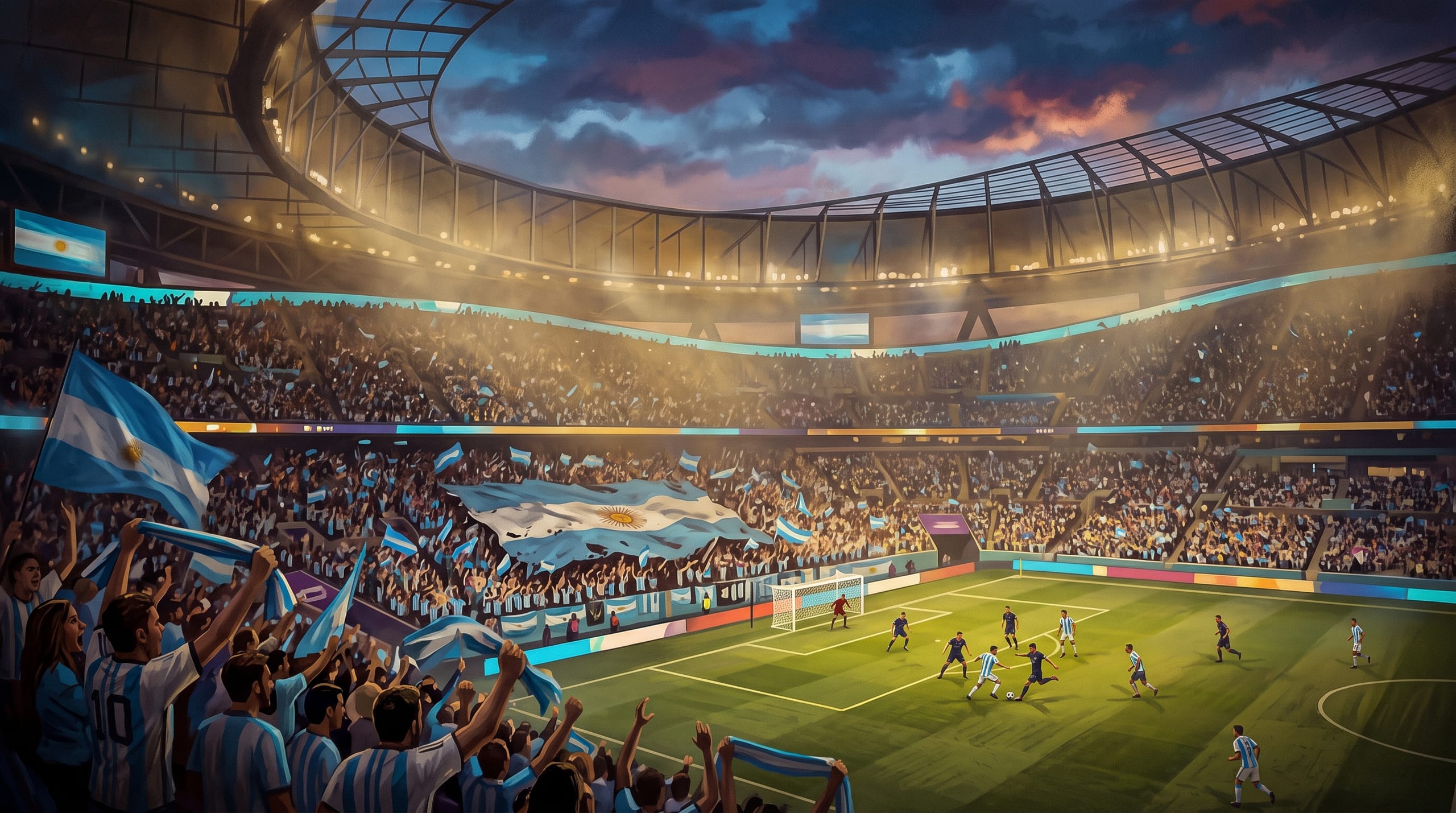 Illustrated epic wide shot of a stadium exploding in gold light and confetti, a trophy raised in silhouette against fireworks, the peak emotional moment, painterly and cinematic