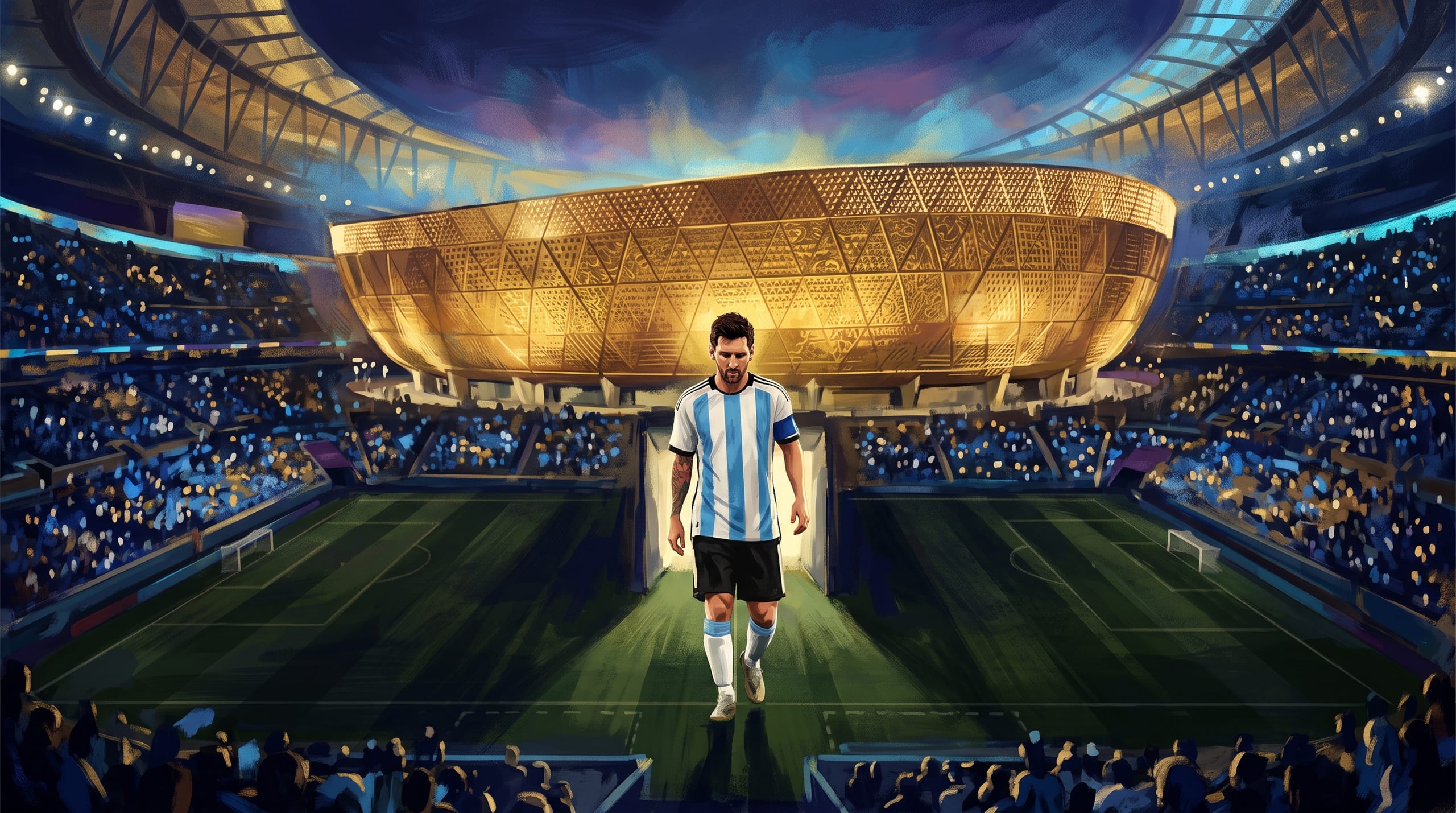 Illustrated painterly wide shot of a Qatar stadium at night, sky-blue and gold light building tension, a lone figure walking onto the pitch, the biggest stage still ahead