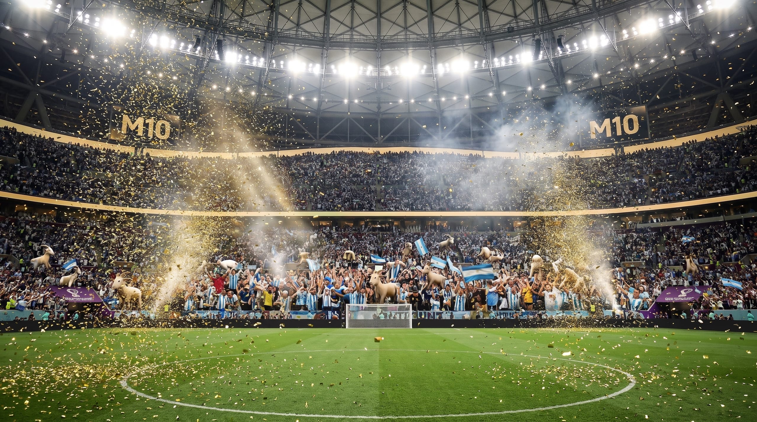 Hyperrealistic night stadium, gold confetti storm, spotlight beams, roaring crowd